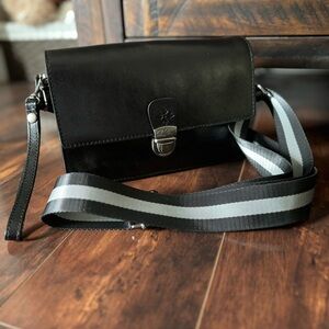 Patricia Nash Black Leather Crossbody Bag with Striped Strap NWOT